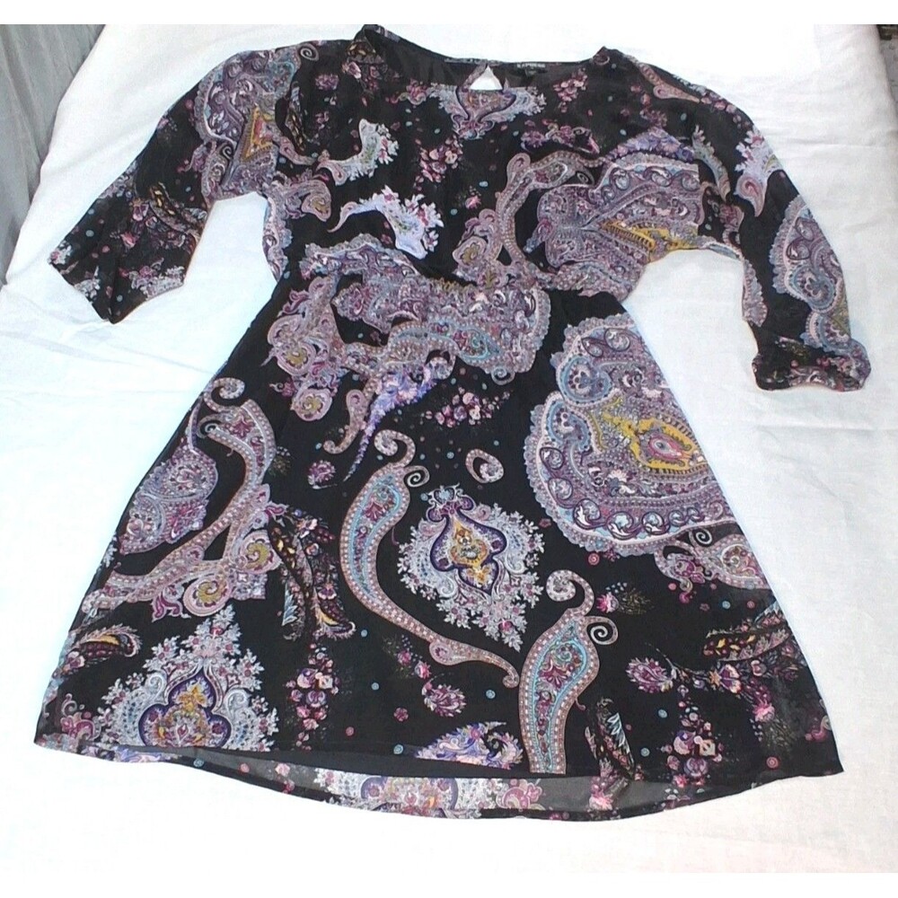 EXPRESS‎ Purple Black Paisley Flowy Mini Dress Womens SP Boho Y2K